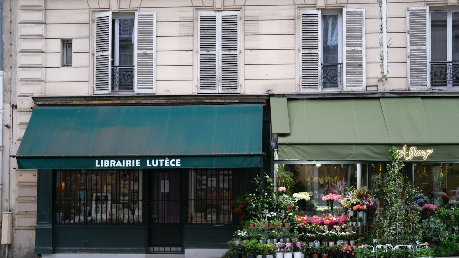 Devantures de commerces de proximité avec auvents verts et fleurs
