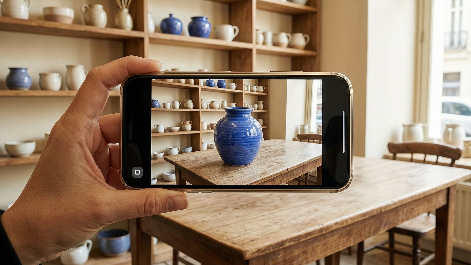 Main qui tient un smartphone dans une boutique de céramique : à l'écran, un vase bleu en 3D est posé sur la table vide