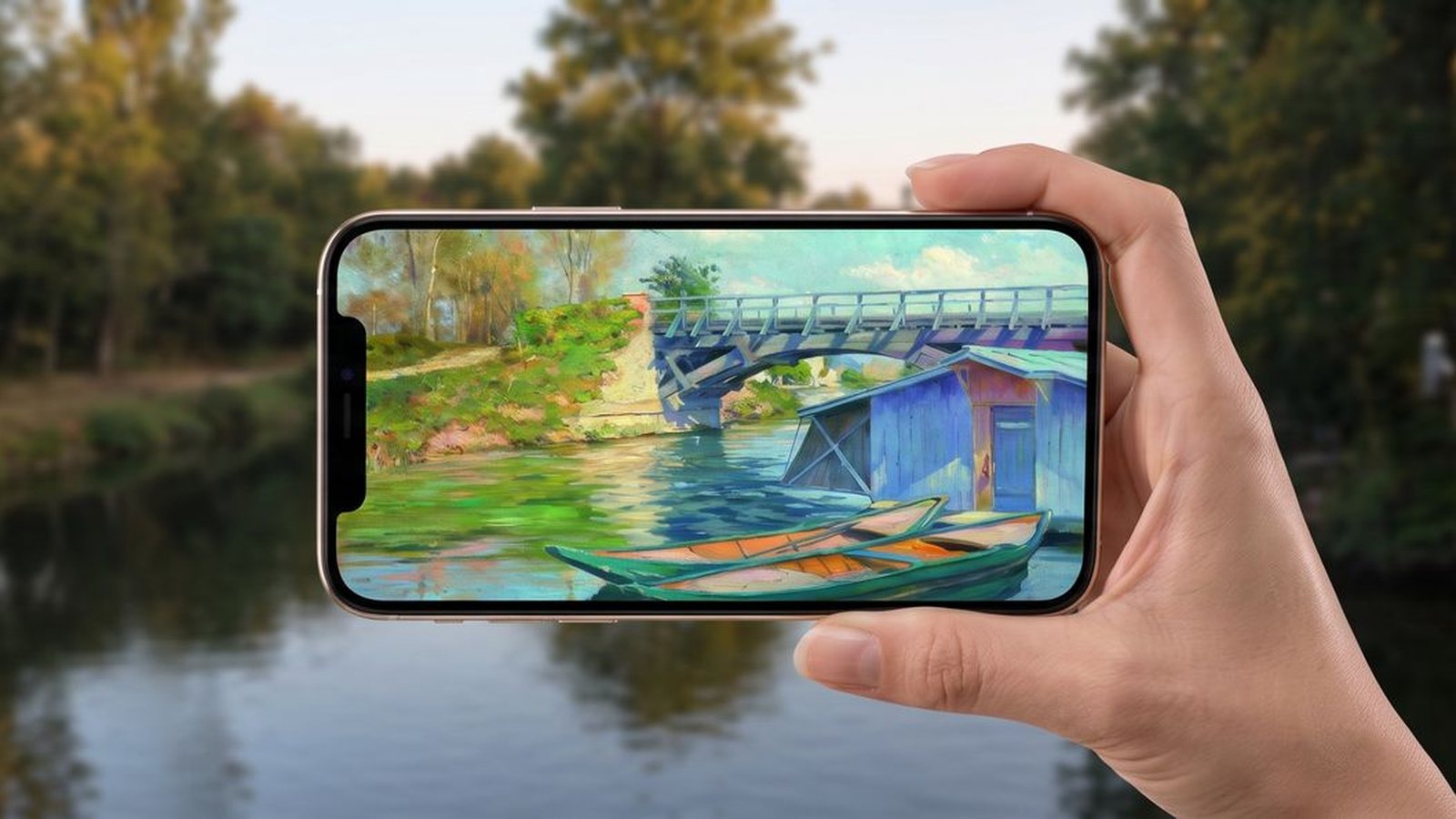 Téléphone tenu devant une rivière : à l'écran, un tableau impressionniste se superpose au paysage réel